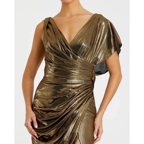 $498 New Ieena for Mac Duggal  Gold Asymmetrical Draped Metallic Trumpet Gown 4 - Picture 2 of 6